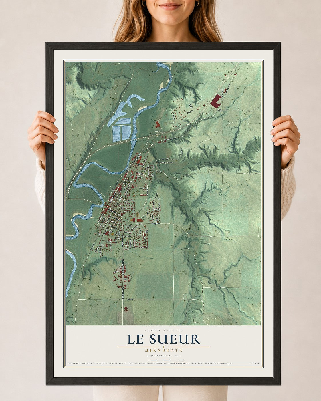 Map of Le Sueur, Minnesota, 24 x 36 inch print in a black wood frame