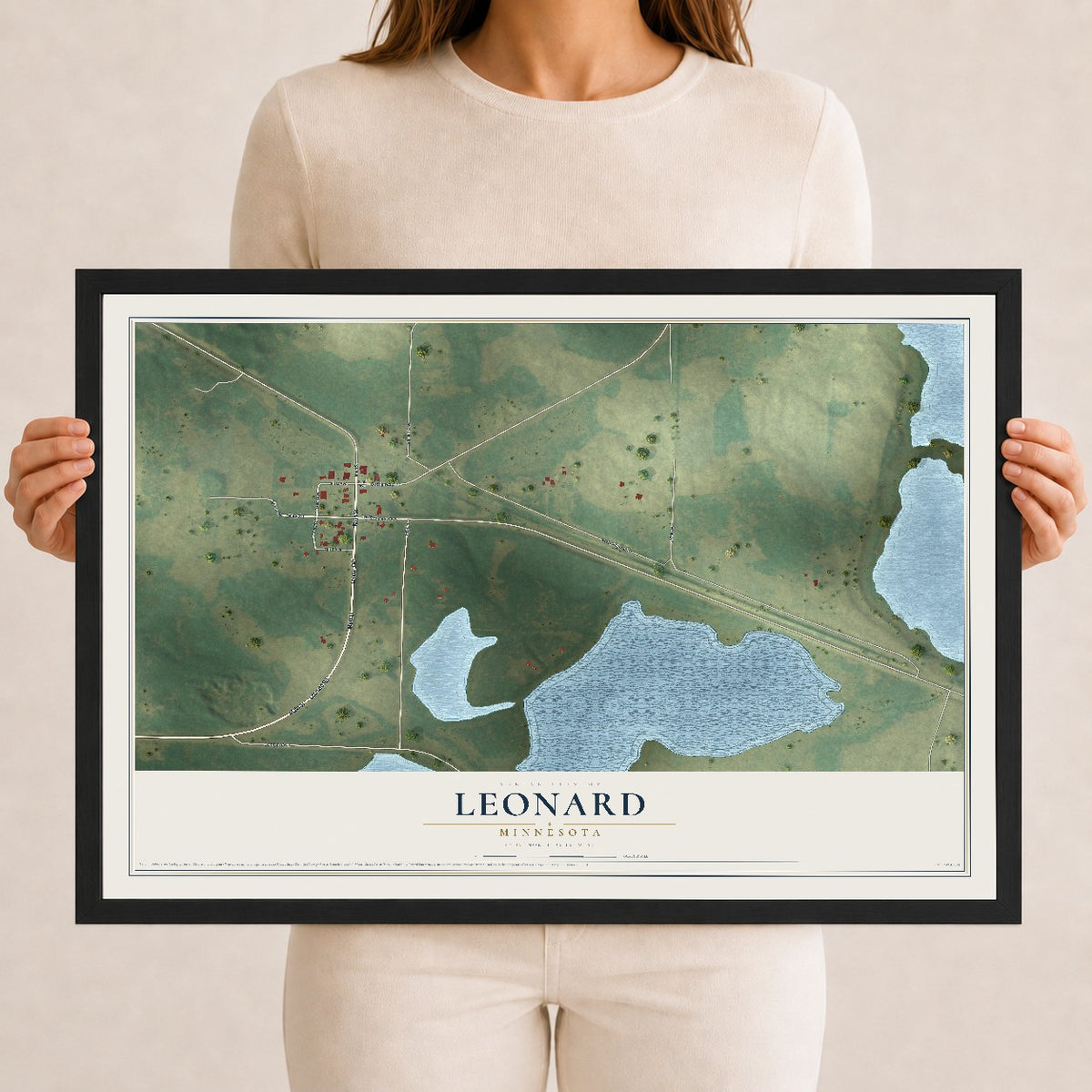 Map of Leonard, Minnesota, 12 x 18 inch print in a black wood frame