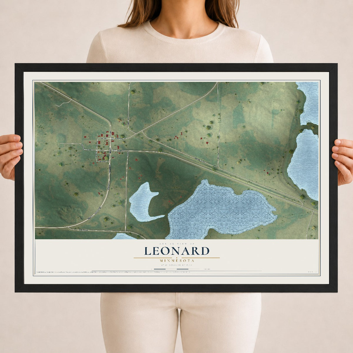 Map of Leonard, Minnesota, 18 x 24 inch print in a black wood frame