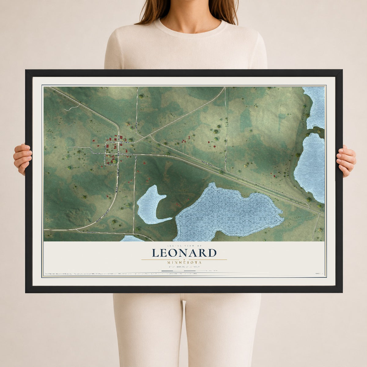 Map of Leonard, Minnesota, 24 x 36 inch print in a black wood frame