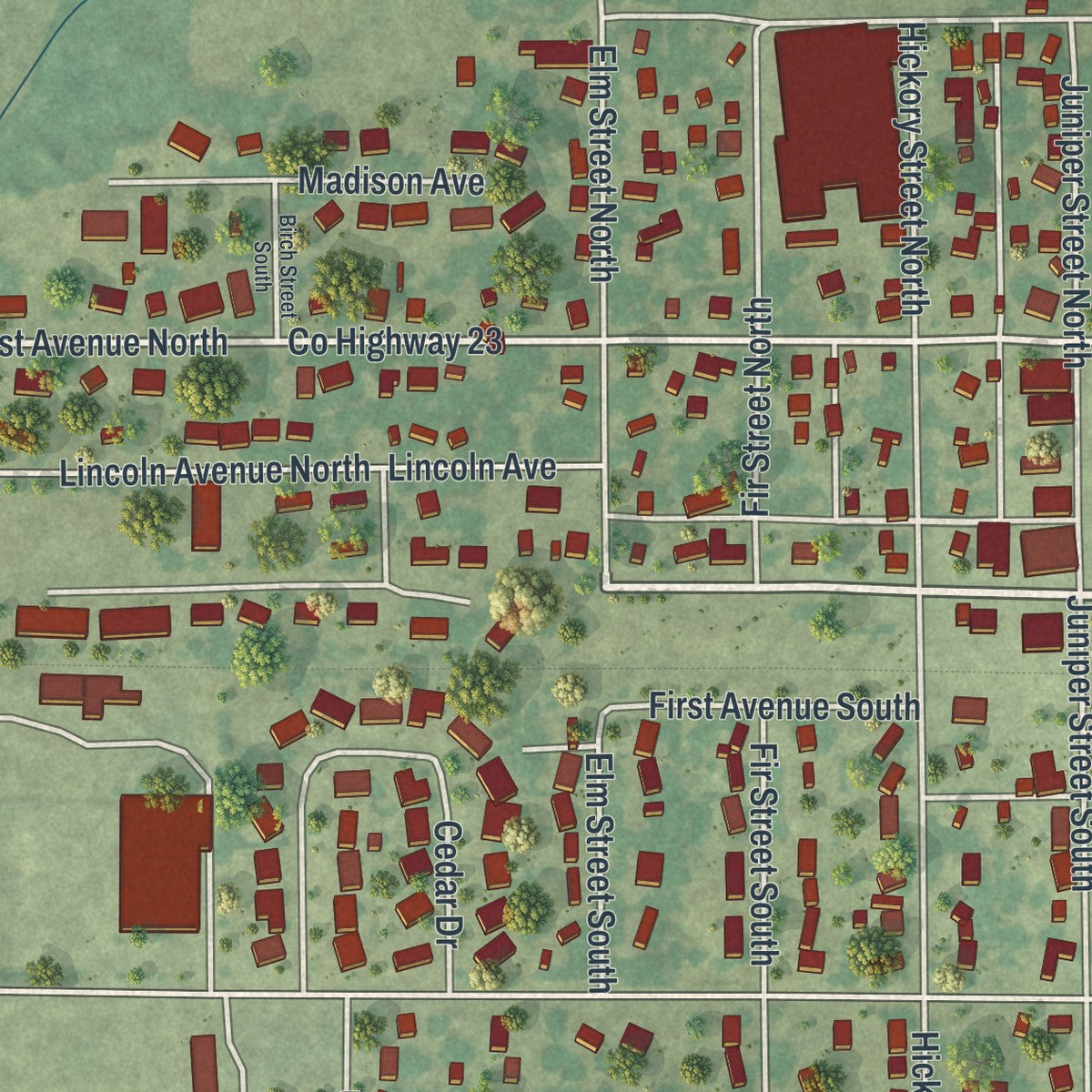 Close-up of the map of Lester Prairie, Minnesota print showing street and building detail