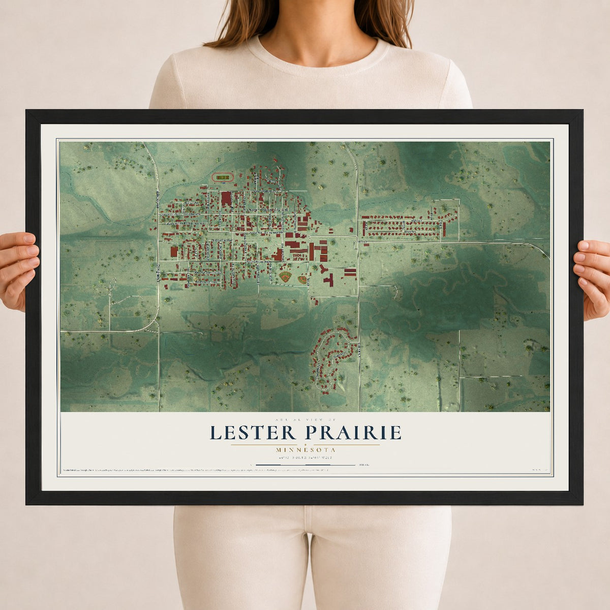 Map of Lester Prairie, Minnesota, 18 x 24 inch print in a black wood frame