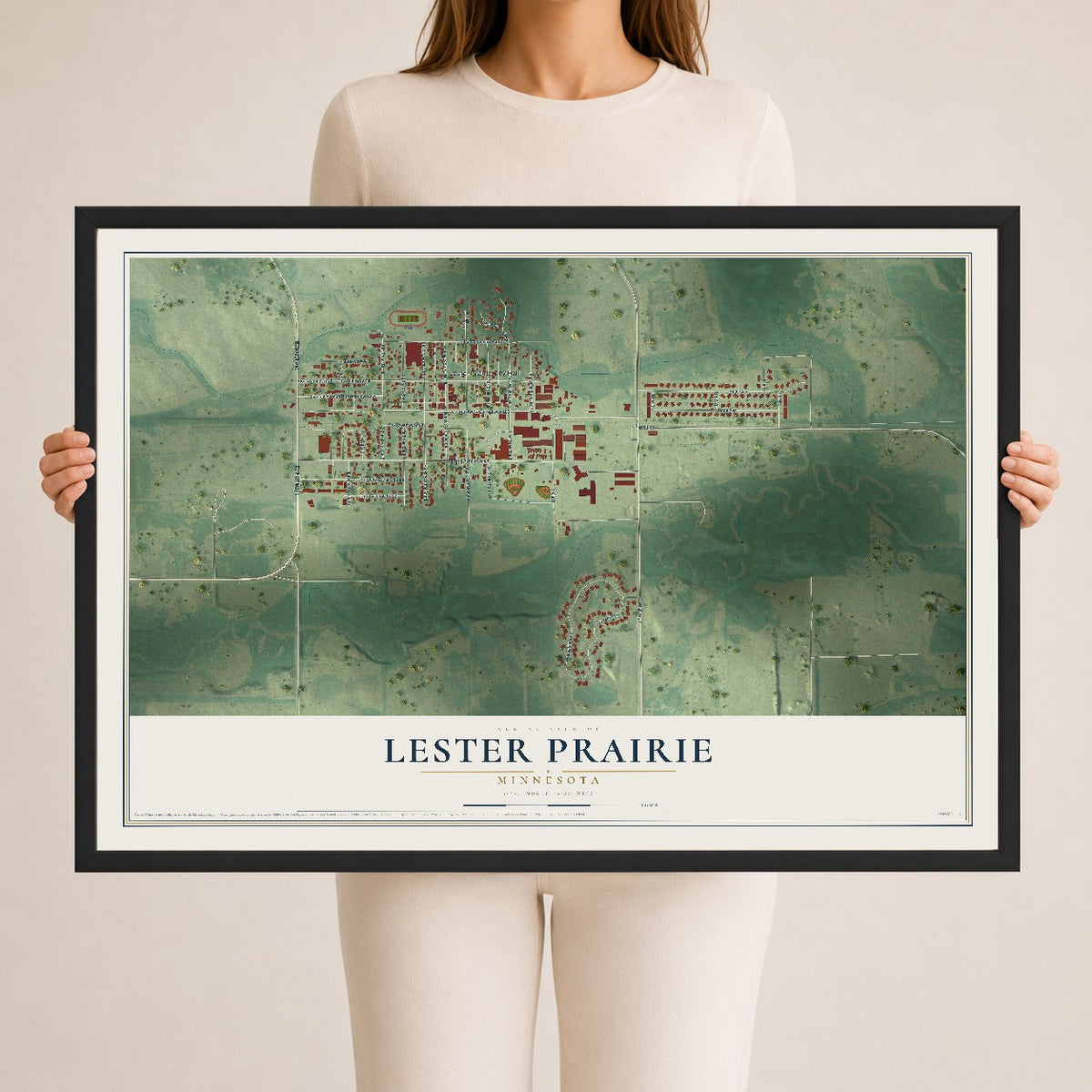 Map of Lester Prairie, Minnesota, 24 x 36 inch print in a black wood frame