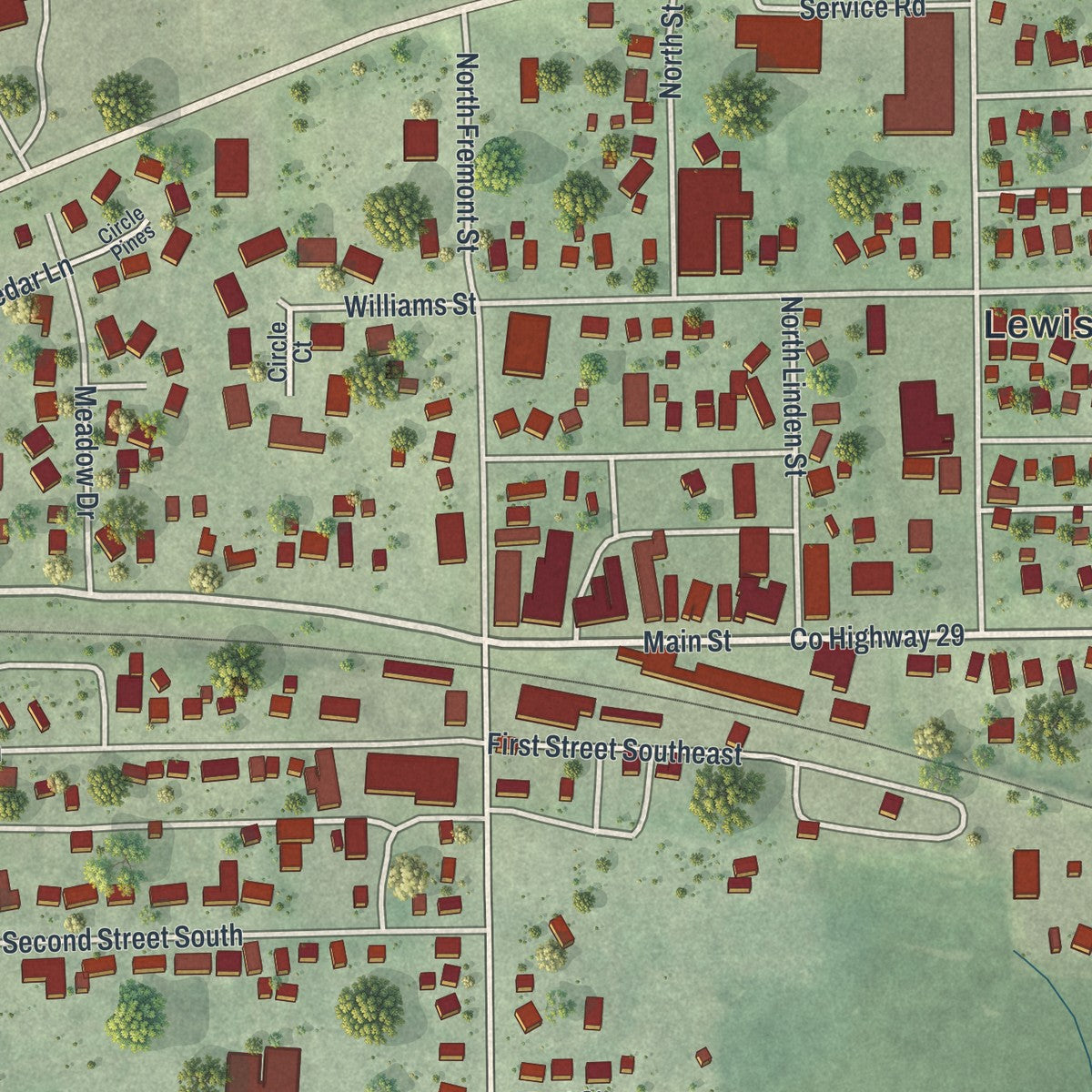 Close-up of the map of Lewiston, Minnesota print showing street and building detail