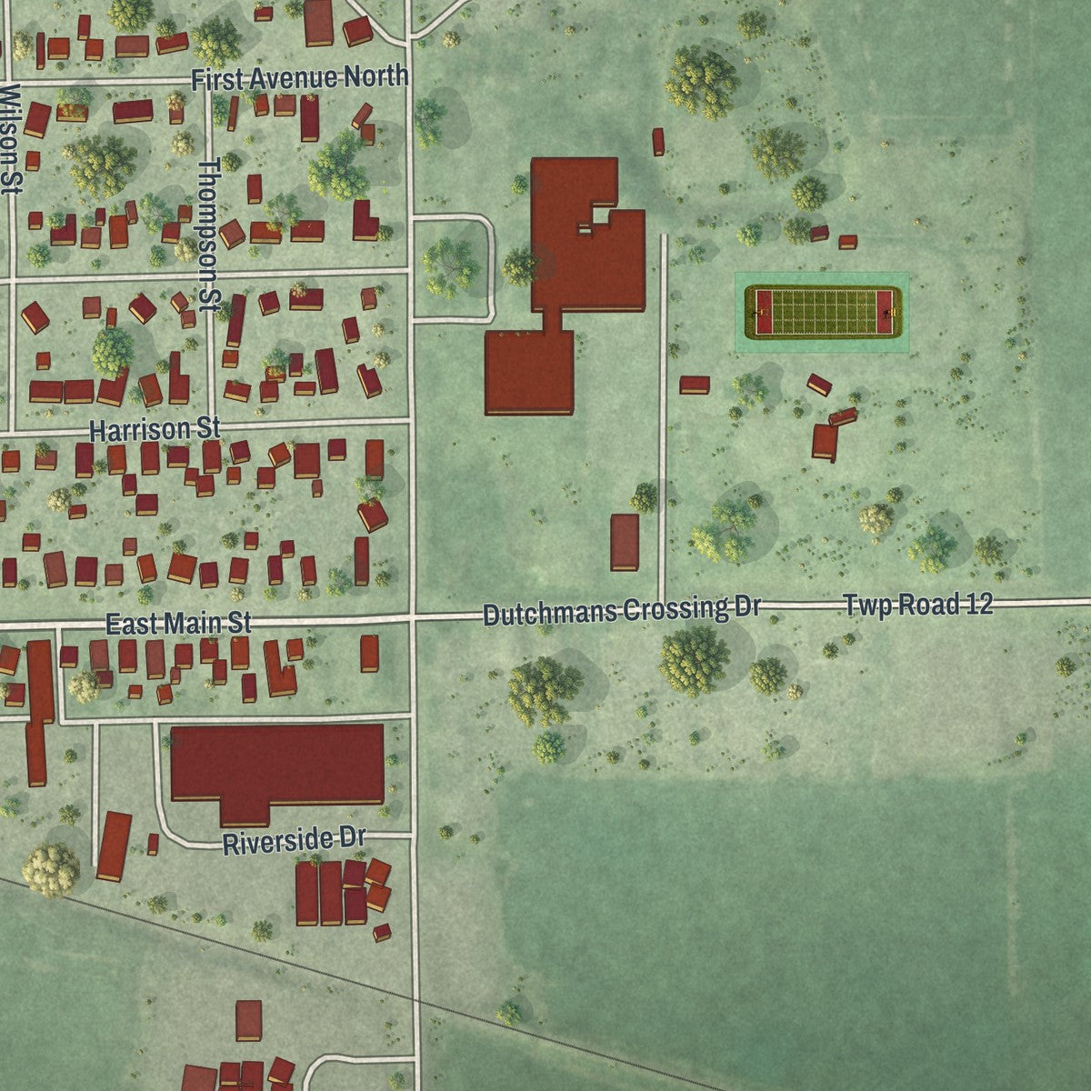 Second close-up of the map of Lewiston, Minnesota print showing more streets and buildings
