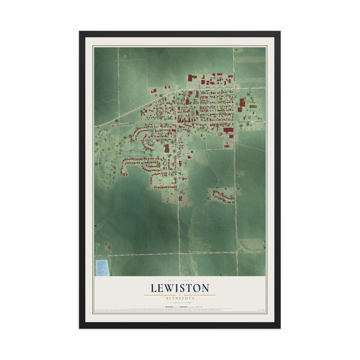 Map of Lewiston, Minnesota, 12 x 18 inch print in a black wood frame