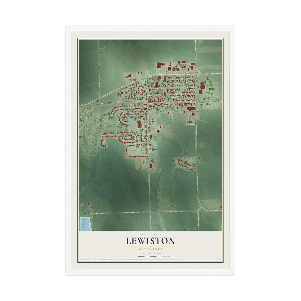 Map of Lewiston, Minnesota, 12 x 18 inch print in a white wood frame