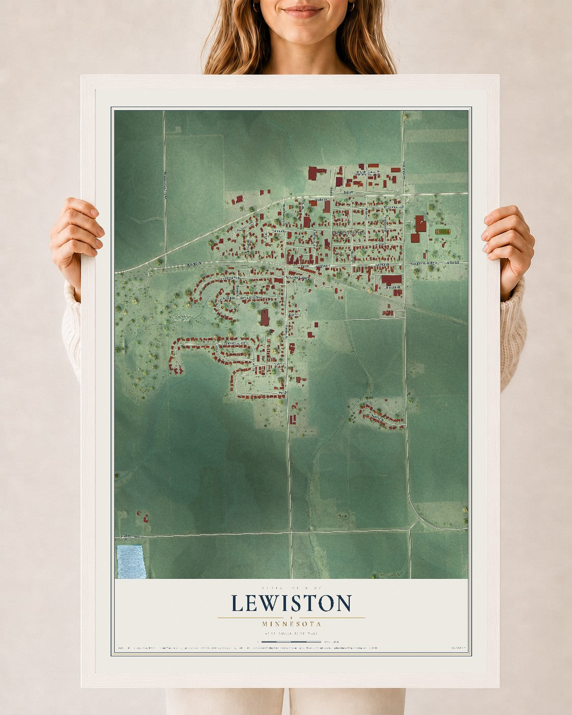 Map of Lewiston, Minnesota, 24 x 36 inch print in a white wood frame