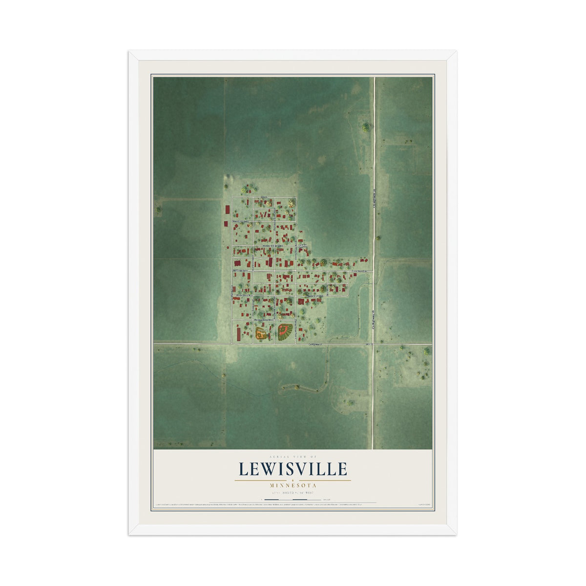 Map of Lewisville, Minnesota, 12 x 18 inch print in a white wood frame