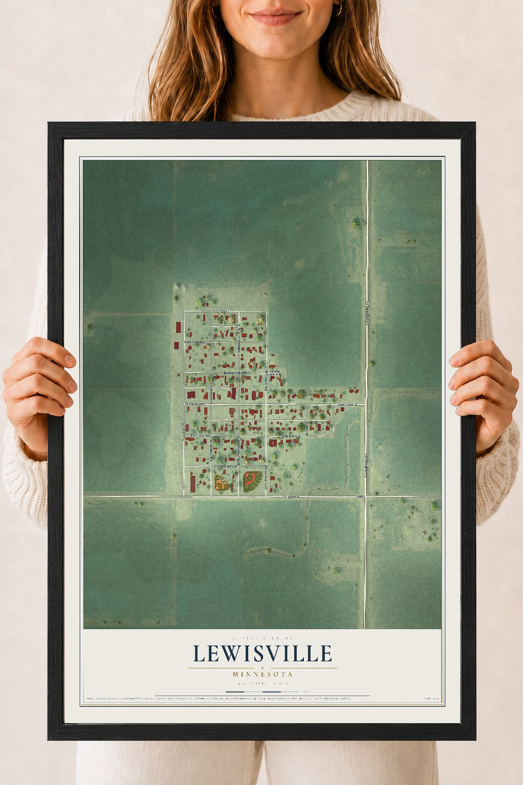 Map of Lewisville, Minnesota, 18 x 24 inch print in a black wood frame