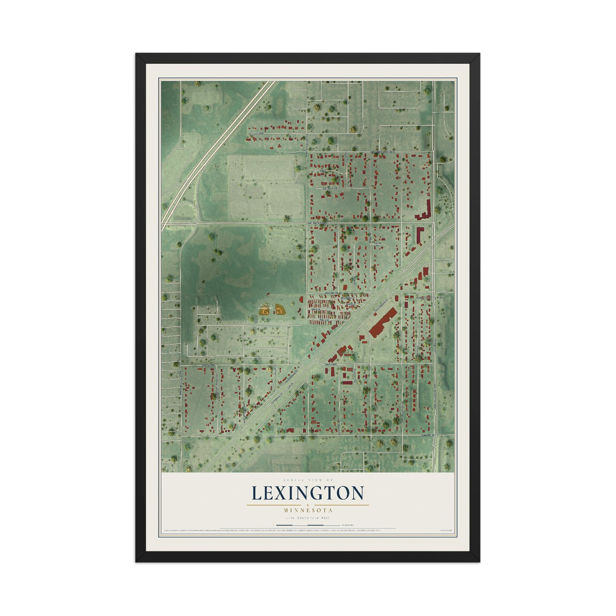 Map of Lexington, Minnesota, 12 x 18 inch print in a black wood frame