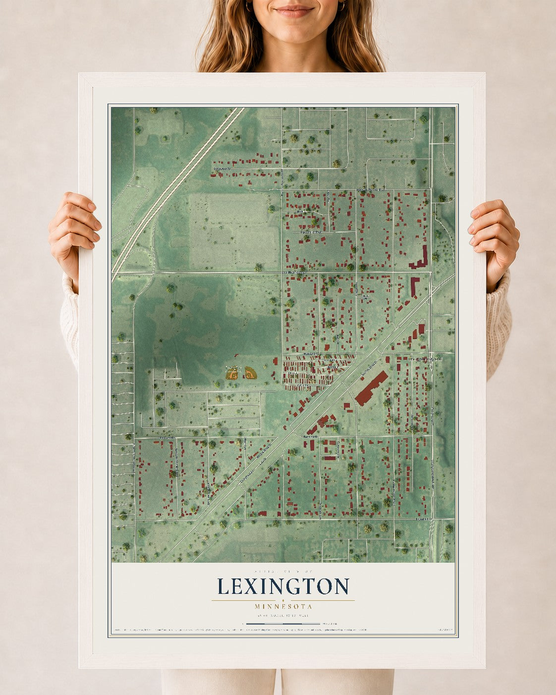Map of Lexington, Minnesota, 24 x 36 inch print in a white wood frame