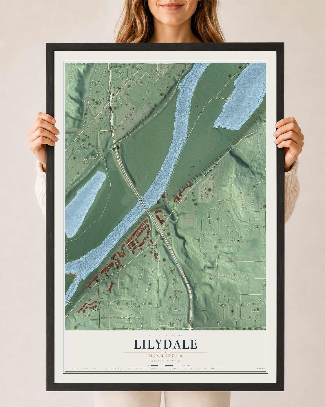 Map of Lilydale, Minnesota, 24 x 36 inch print in a black wood frame