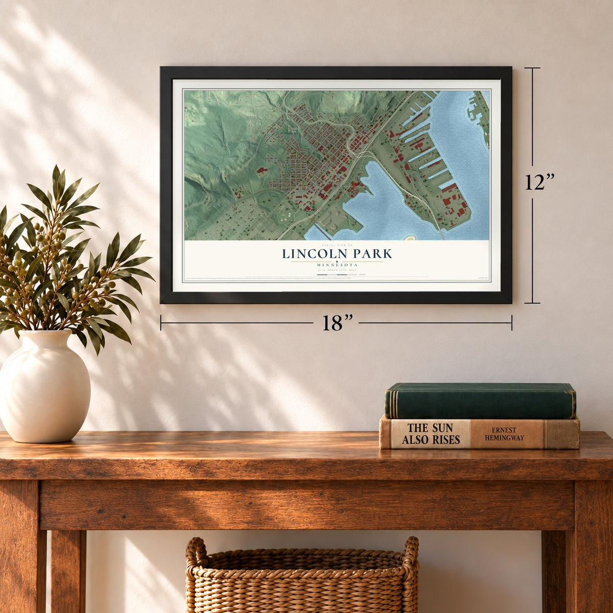 Lincoln Park, Minnesota map, 12 x 18 inch print in a black frame in an entryway