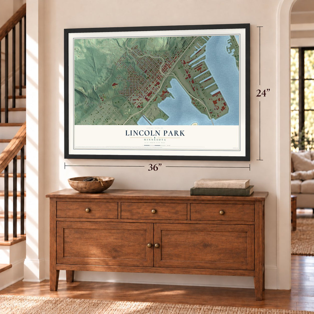 Lincoln Park, Minnesota map, 24 x 36 inch print in a black frame above a dresser by a staircase