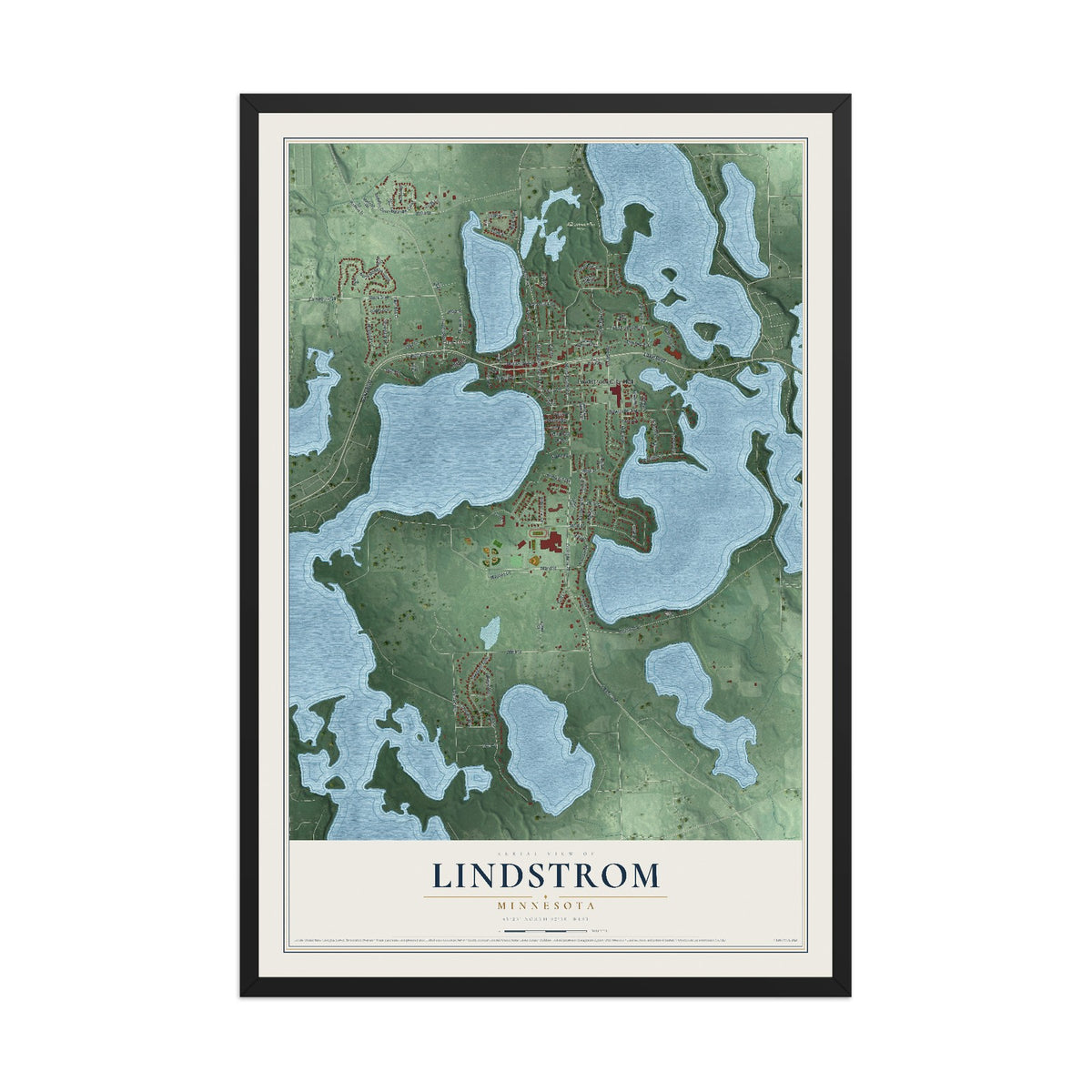Map of Lindstrom, Minnesota, 12 x 18 inch print in a black wood frame