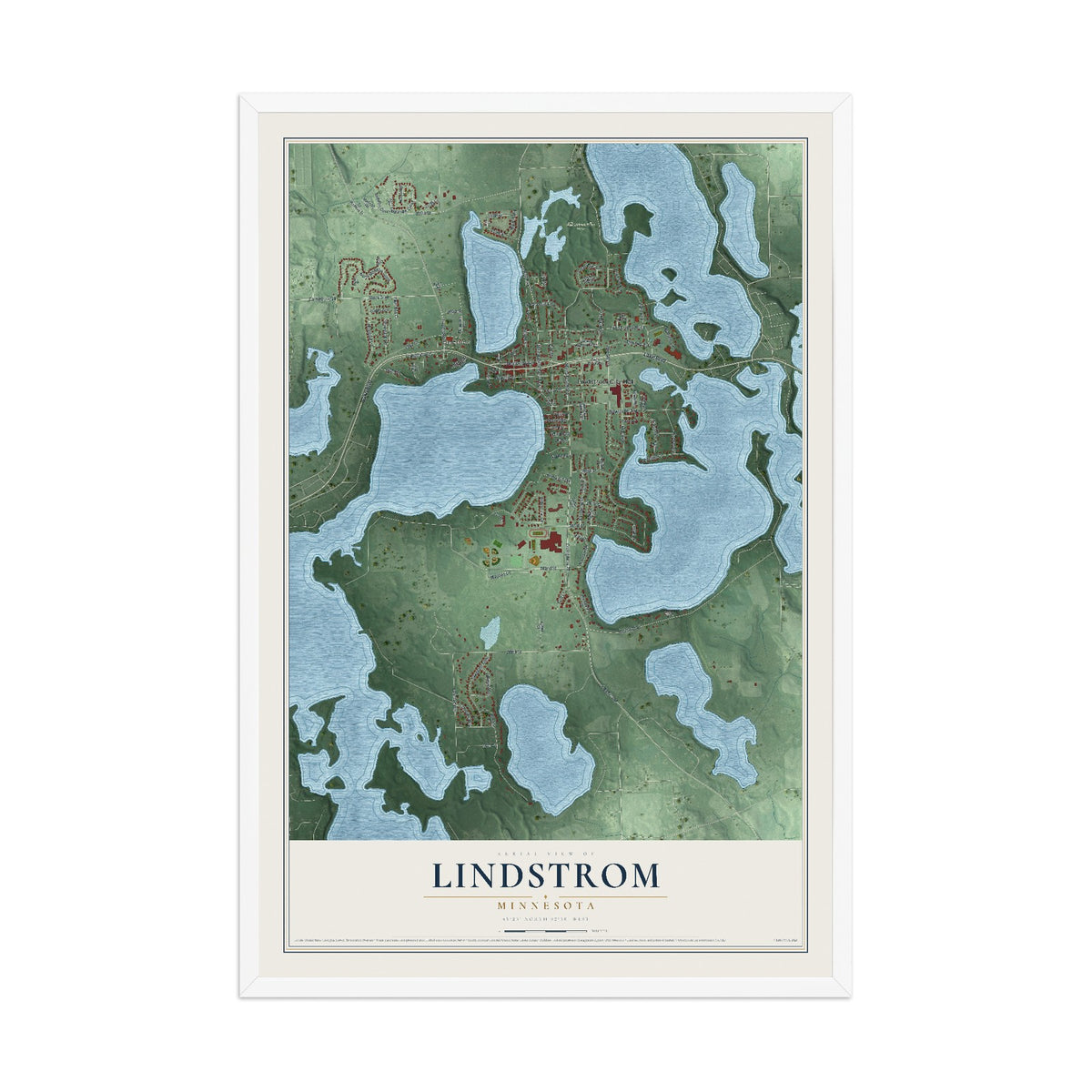 Map of Lindstrom, Minnesota, 12 x 18 inch print in a white wood frame