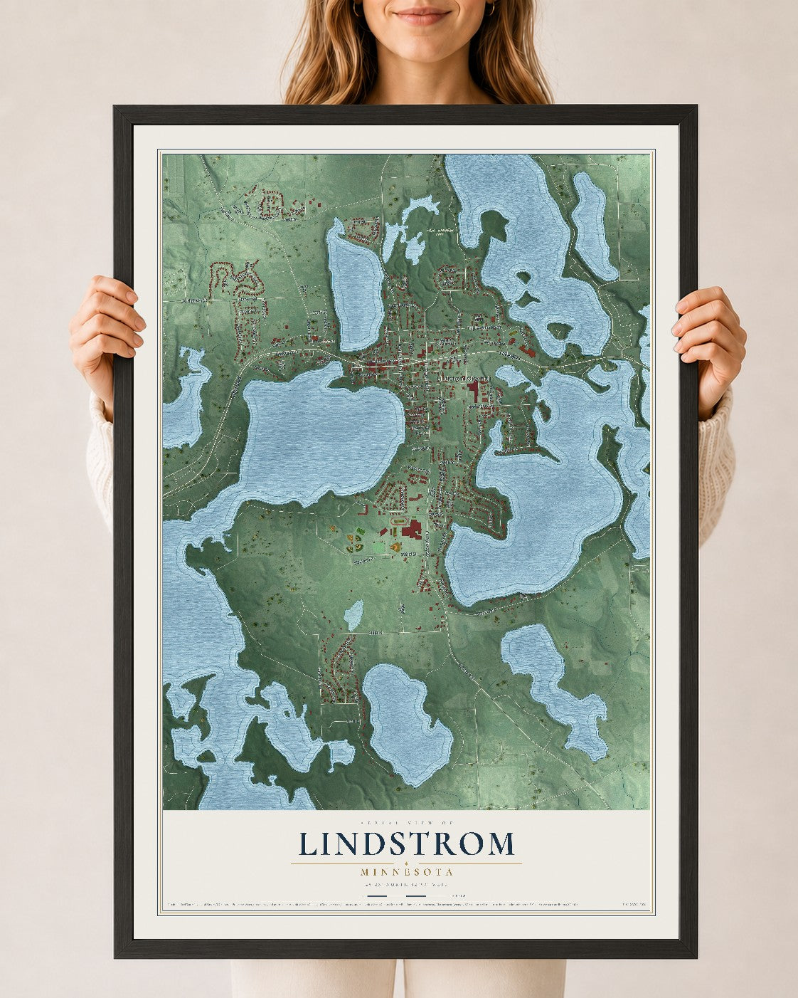 Map of Lindstrom, Minnesota, 24 x 36 inch print in a black wood frame