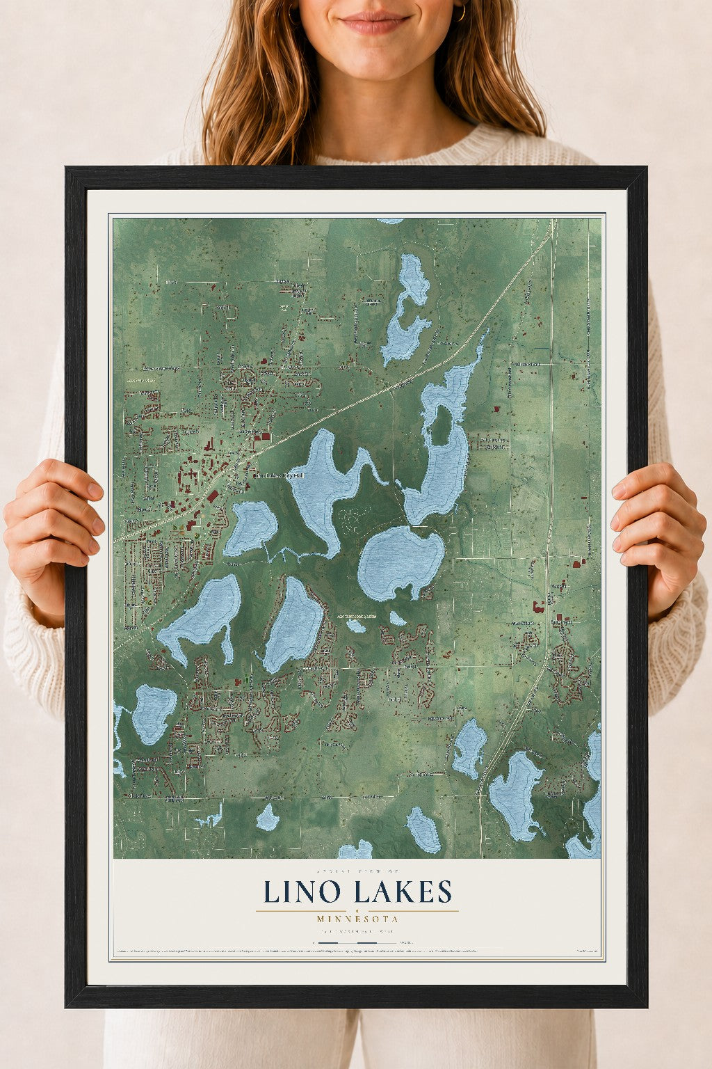 Map of Lino Lakes, Minnesota, 18 x 24 inch print in a black wood frame