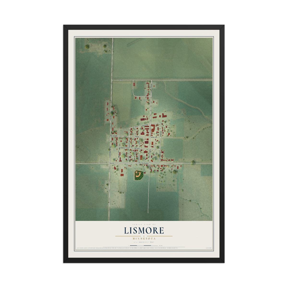 Map of Lismore, Minnesota, 12 x 18 inch print in a black wood frame
