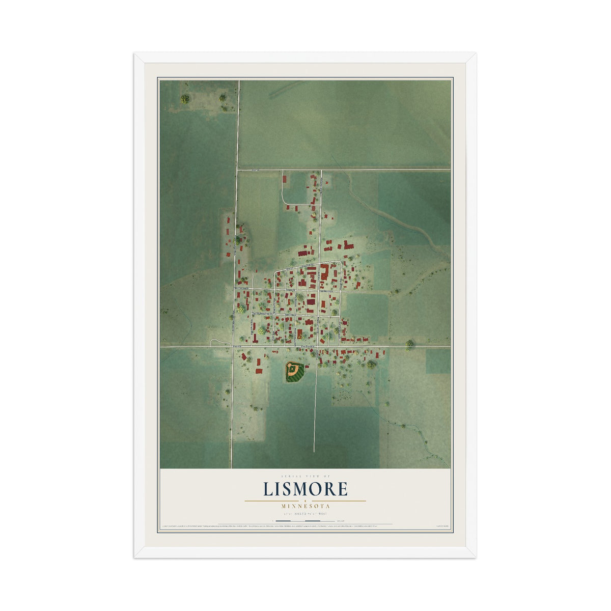 Map of Lismore, Minnesota, 12 x 18 inch print in a white wood frame