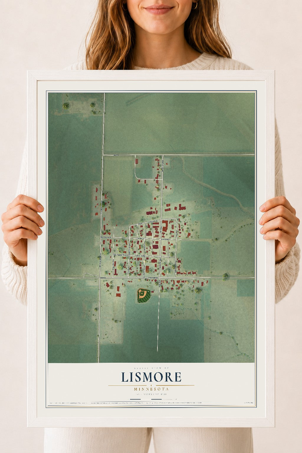 Map of Lismore, Minnesota, 18 x 24 inch print in a white wood frame