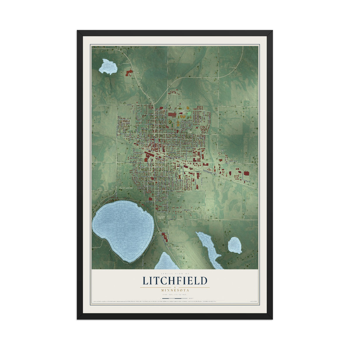 Map of Litchfield, Minnesota, 12 x 18 inch print in a black wood frame