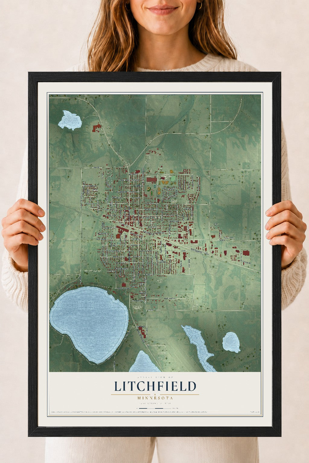 Map of Litchfield, Minnesota, 18 x 24 inch print in a black wood frame