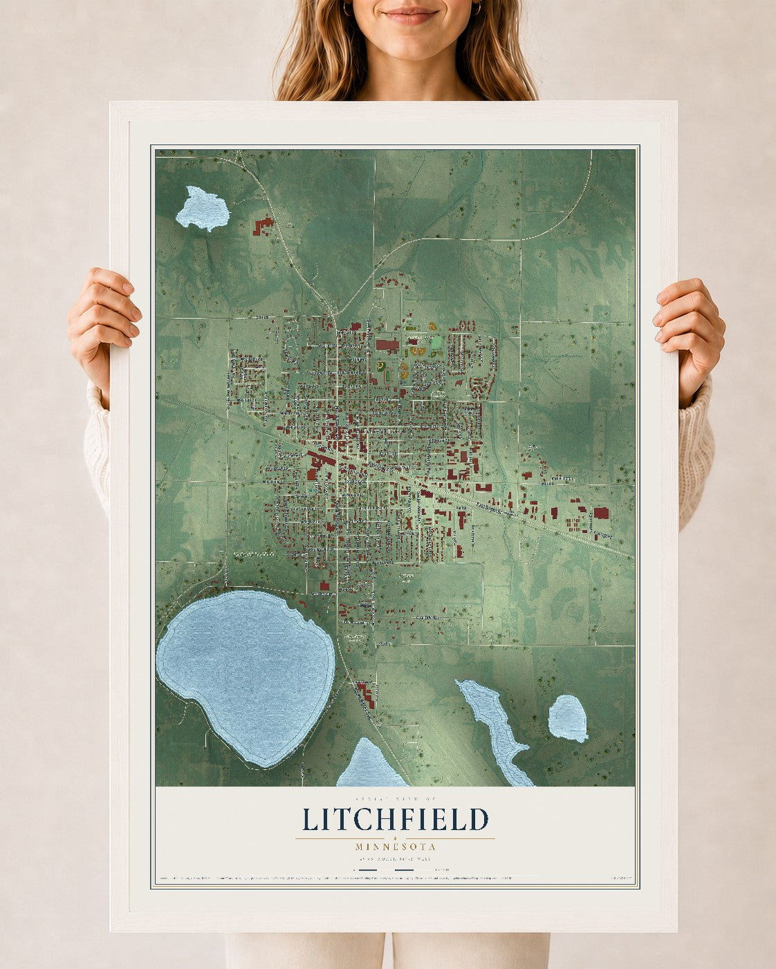 Map of Litchfield, Minnesota, 24 x 36 inch print in a white wood frame