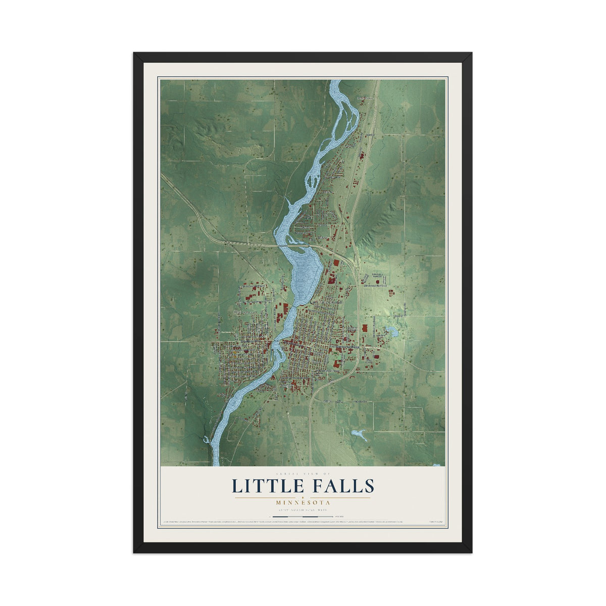 Map of Little Falls, Minnesota, 12 x 18 inch print in a black wood frame