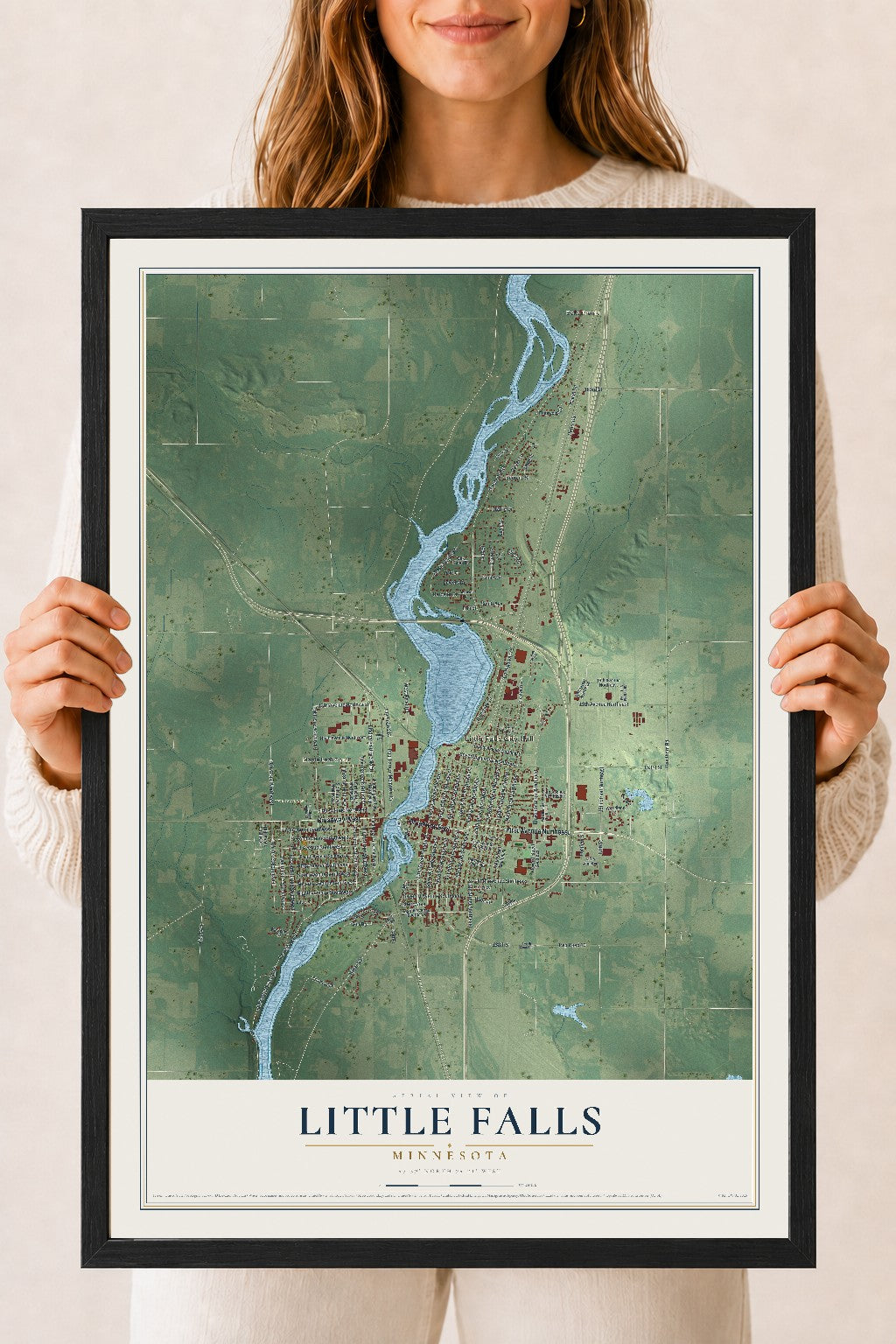 Map of Little Falls, Minnesota, 18 x 24 inch print in a black wood frame
