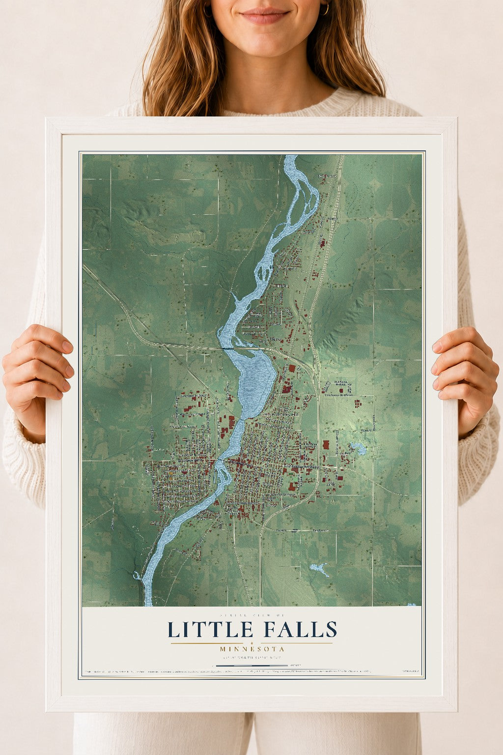 Map of Little Falls, Minnesota, 18 x 24 inch print in a white wood frame