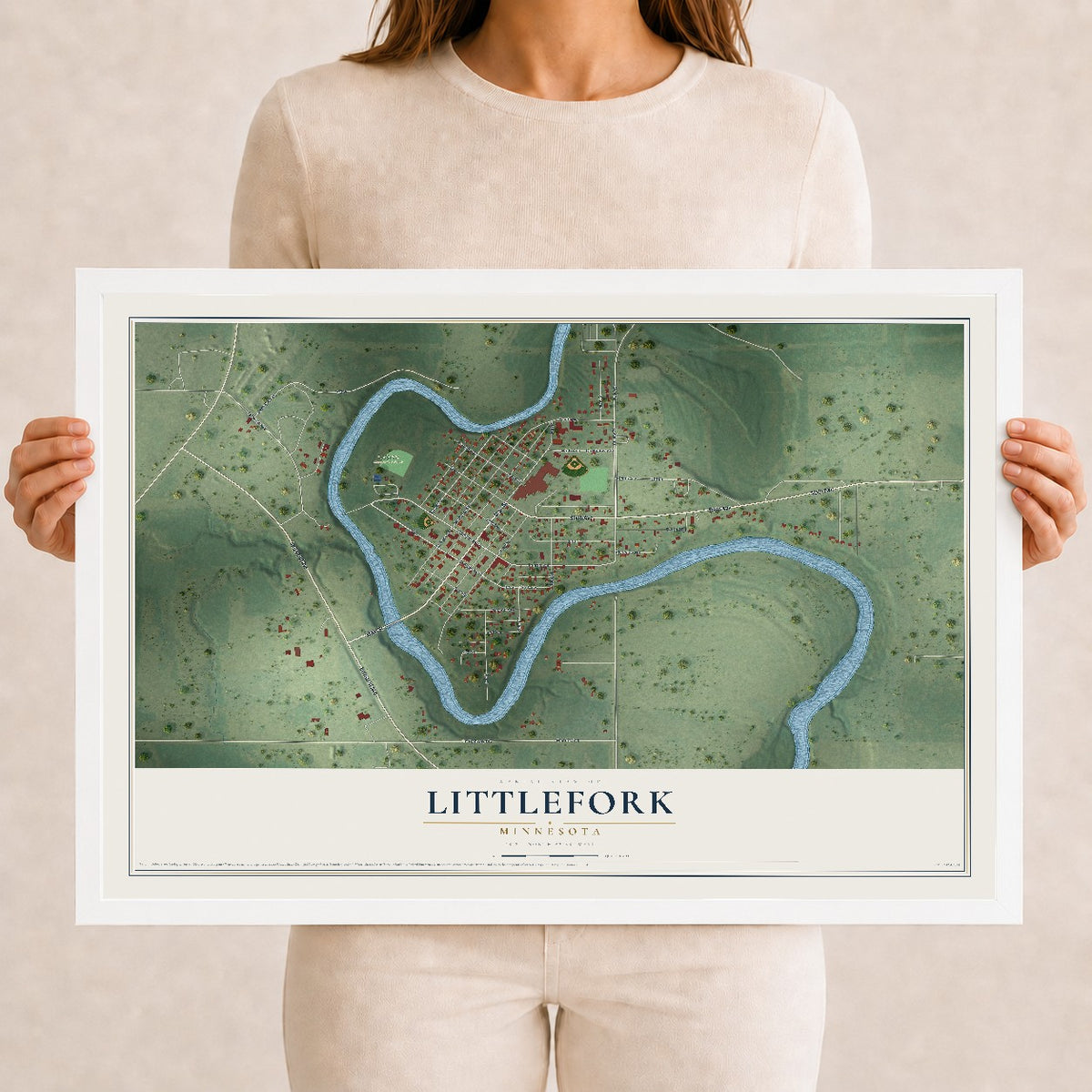 Map of Littlefork, Minnesota, 12 x 18 inch print in a white wood frame