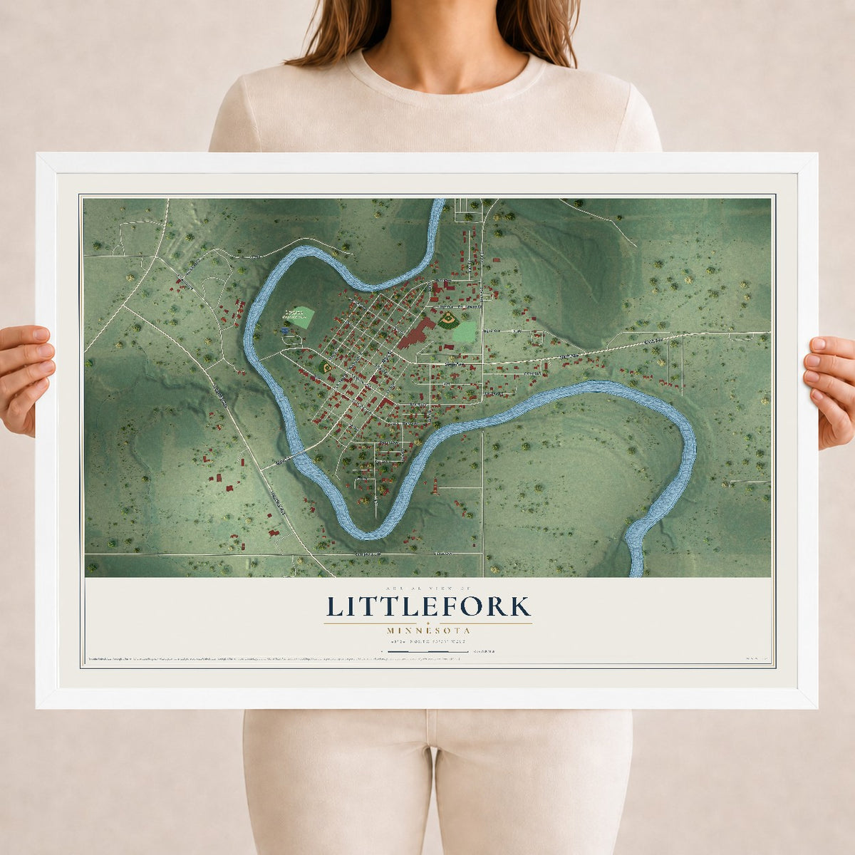 Map of Littlefork, Minnesota, 18 x 24 inch print in a white wood frame