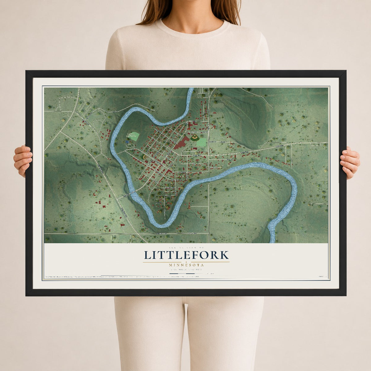 Map of Littlefork, Minnesota, 24 x 36 inch print in a black wood frame