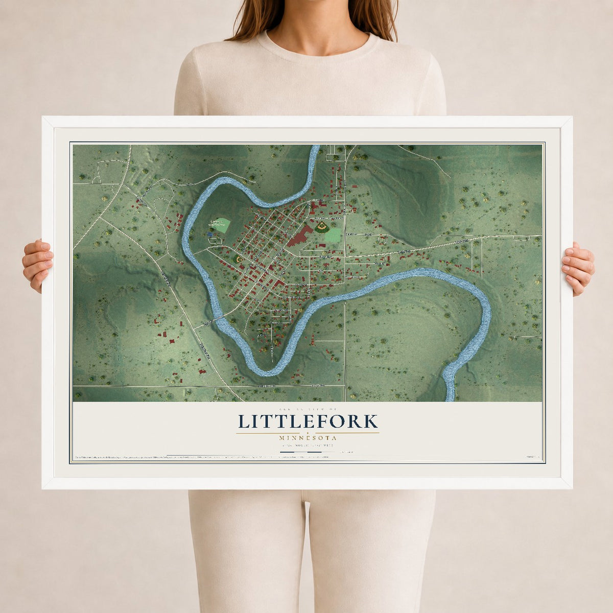 Map of Littlefork, Minnesota, 24 x 36 inch print in a white wood frame