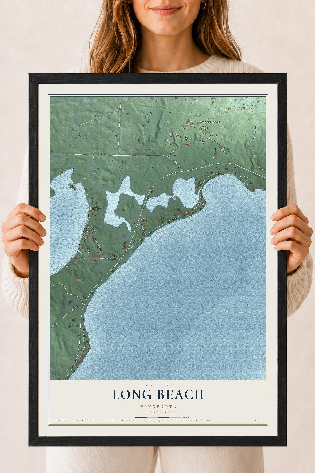 Map of Long Beach, Minnesota, 18 x 24 inch print in a black wood frame