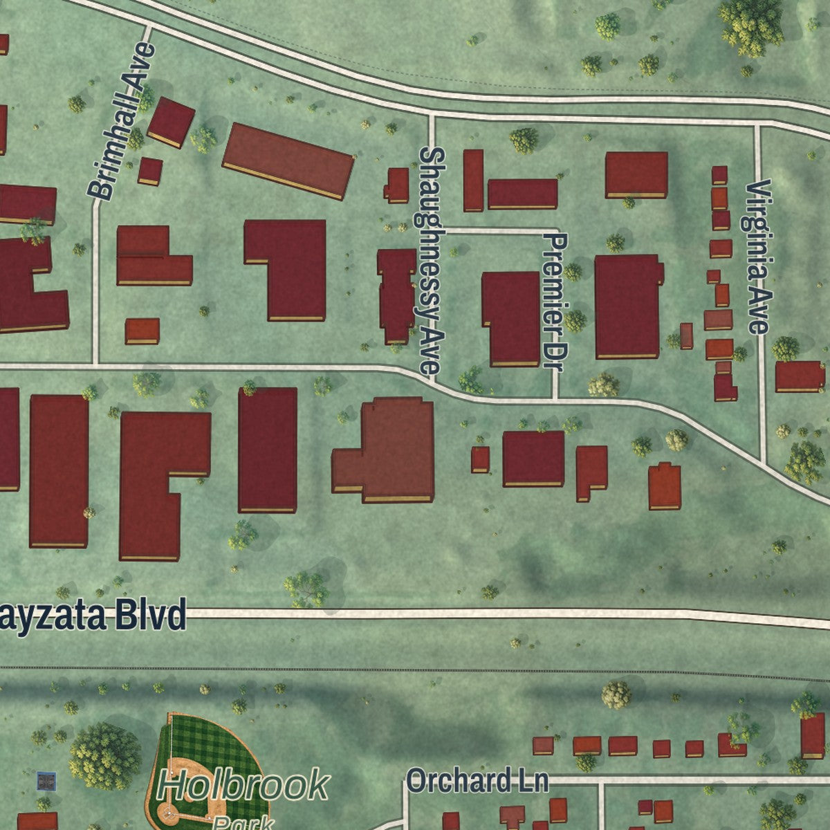 Close-up of the map of Long Lake, Minnesota print showing street and building detail