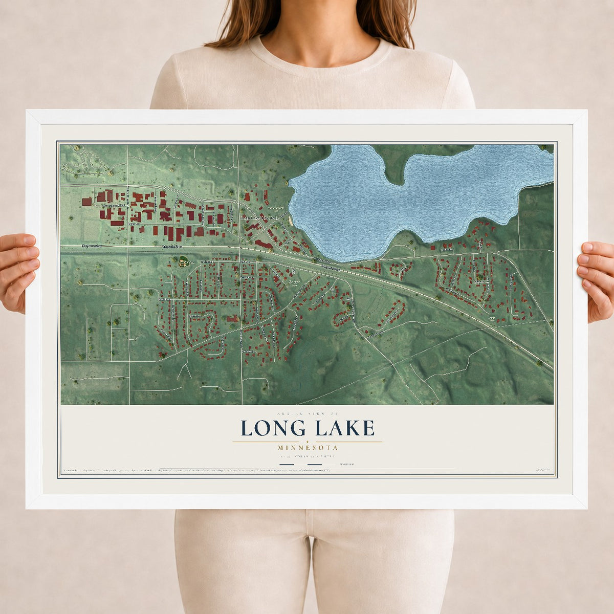Map of Long Lake, Minnesota, 18 x 24 inch print in a white wood frame