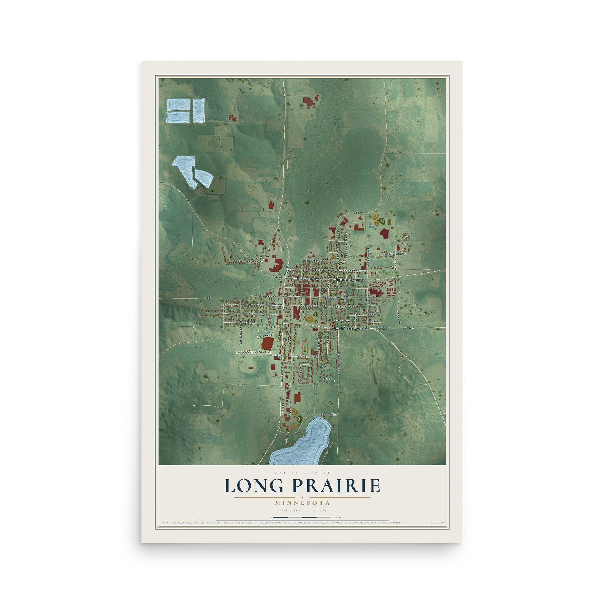 Map of Long Prairie, Minnesota, 12 x 18 inch unframed archival matte print
