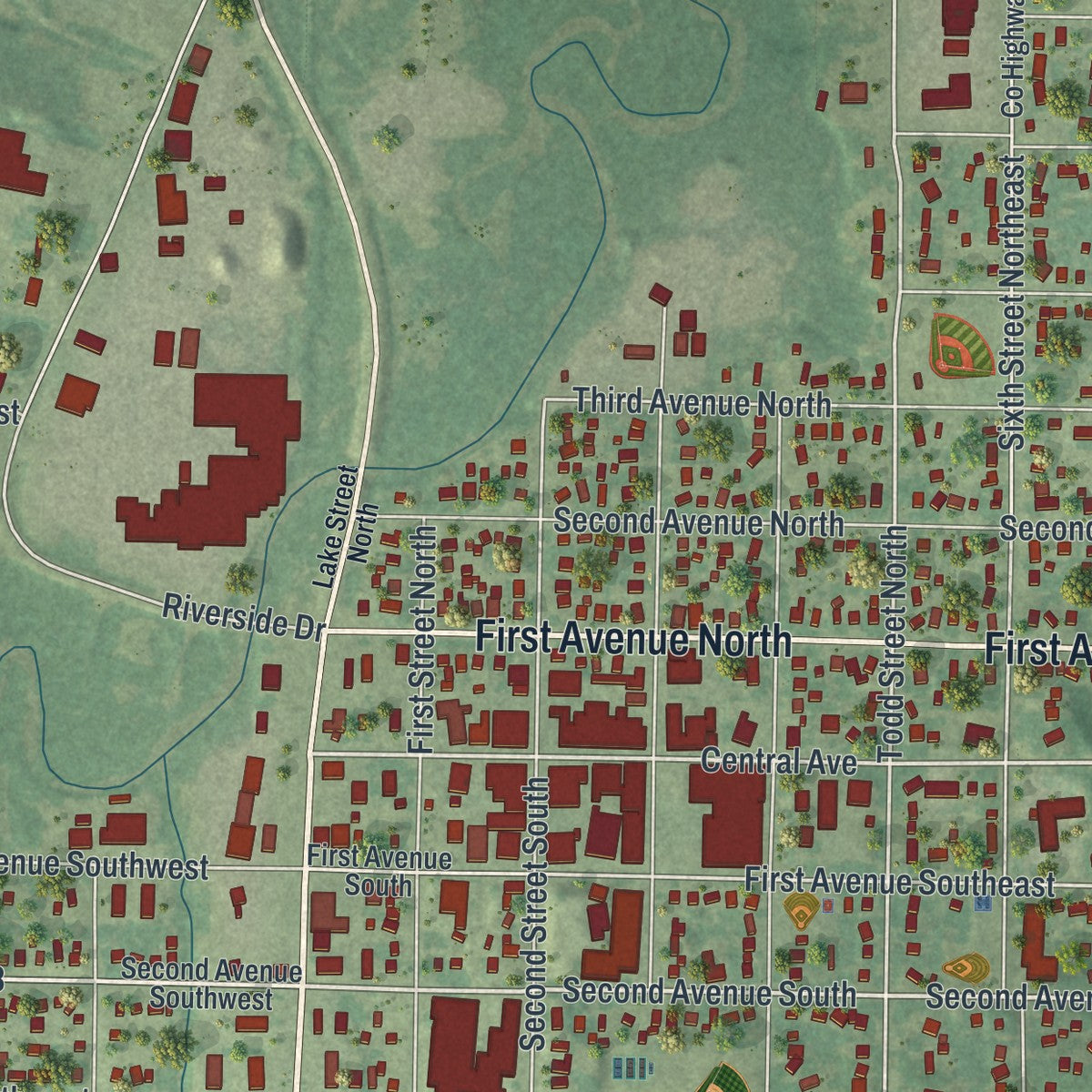 Close-up of the map of Long Prairie, Minnesota print showing street and building detail