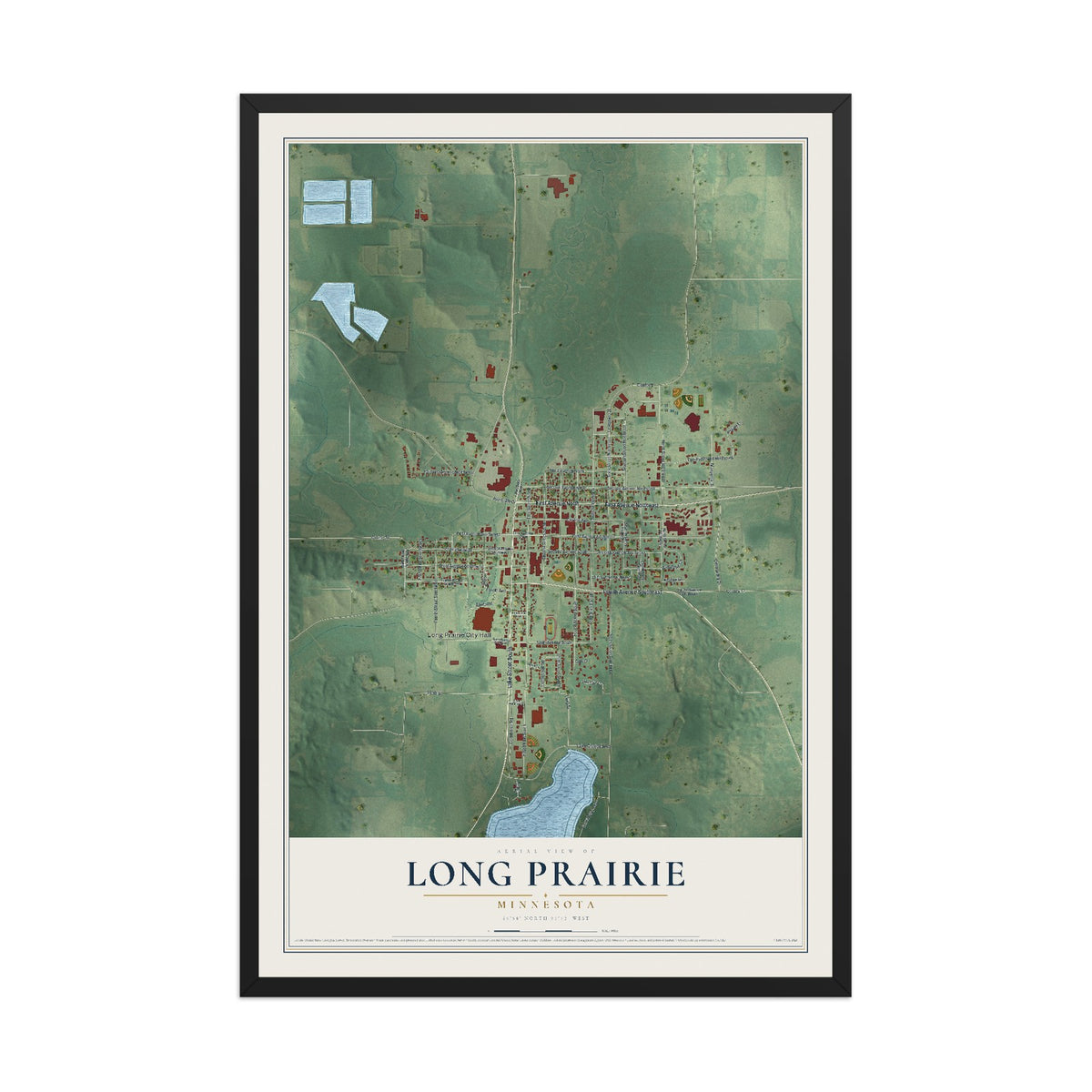 Map of Long Prairie, Minnesota, 12 x 18 inch print in a black wood frame
