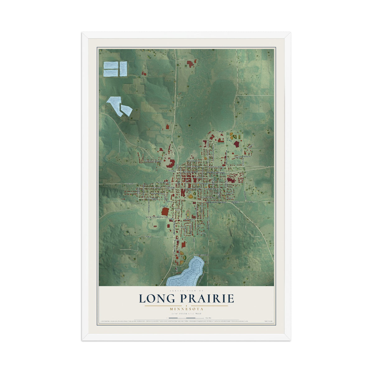 Map of Long Prairie, Minnesota, 12 x 18 inch print in a white wood frame