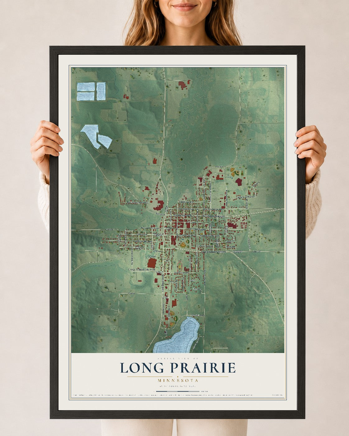 Map of Long Prairie, Minnesota, 24 x 36 inch print in a black wood frame