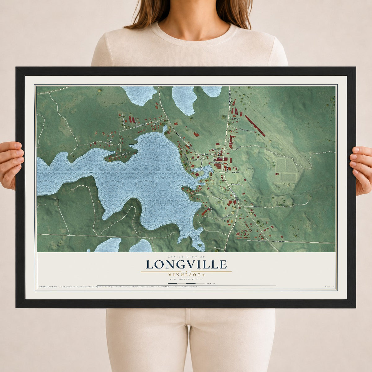 Map of Longville, Minnesota, 18 x 24 inch print in a black wood frame