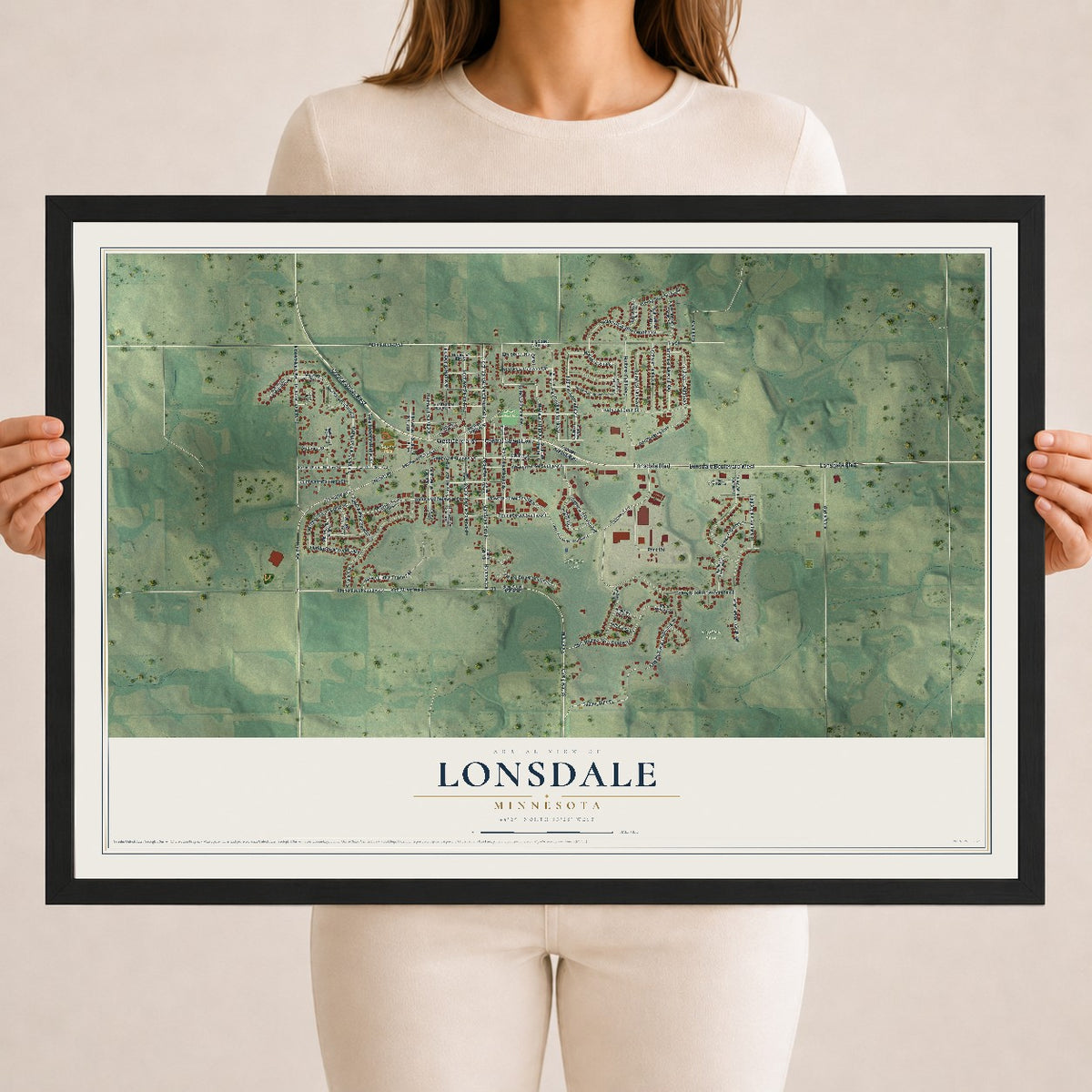 Map of Lonsdale, Minnesota, 18 x 24 inch print in a black wood frame
