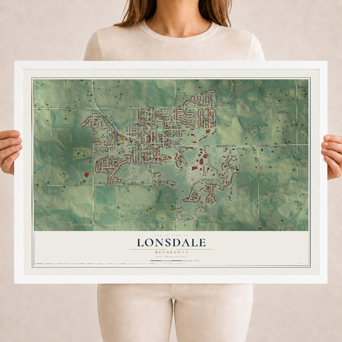 Map of Lonsdale, Minnesota, 18 x 24 inch print in a white wood frame