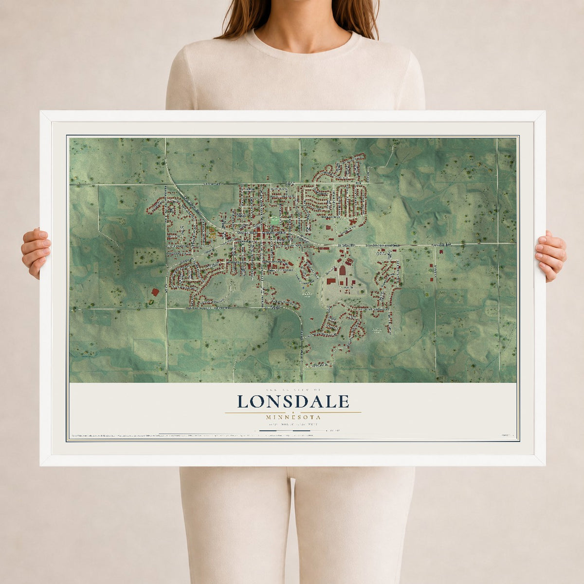 Map of Lonsdale, Minnesota, 24 x 36 inch print in a white wood frame