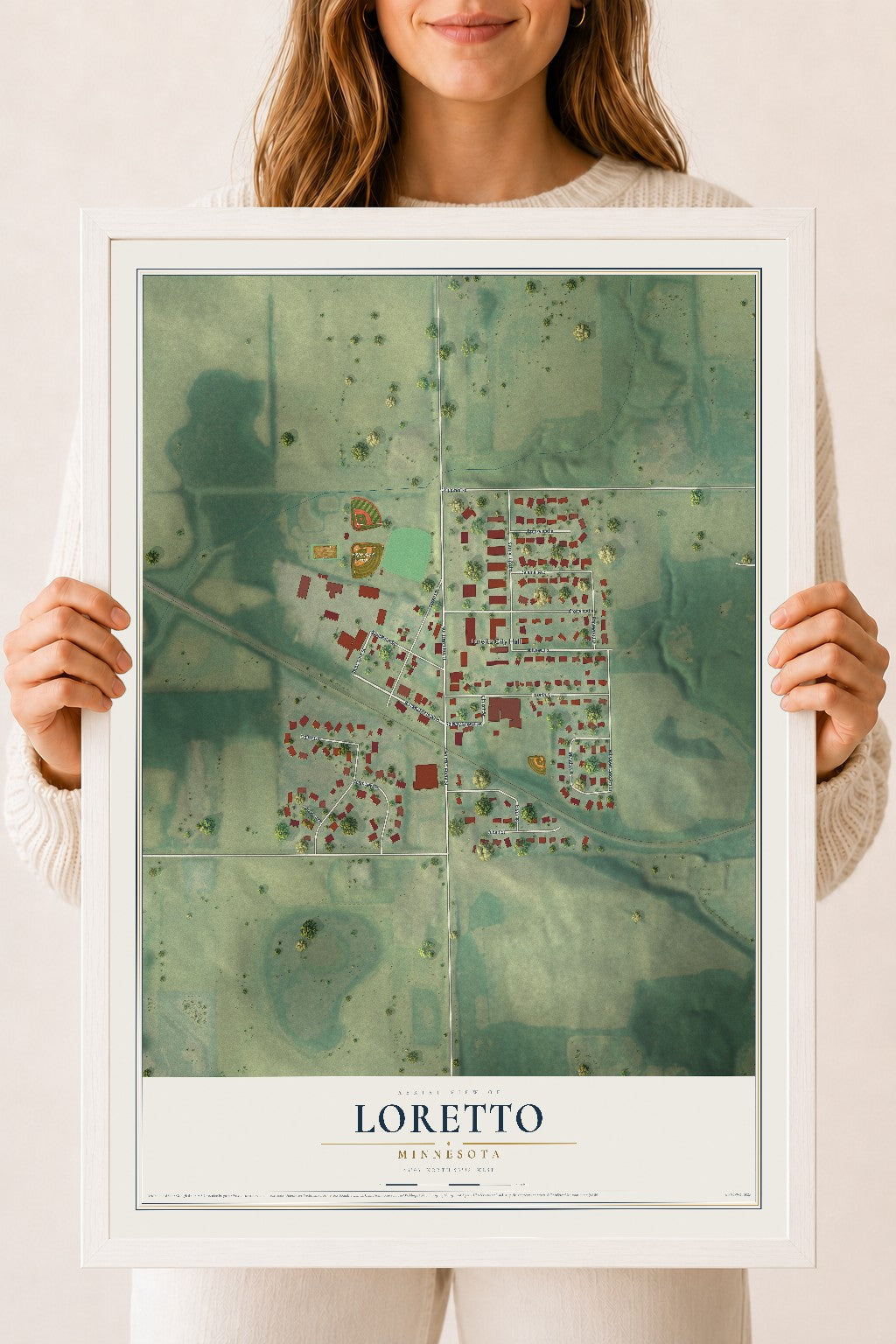 Map of Loretto, Minnesota, 18 x 24 inch print in a white wood frame