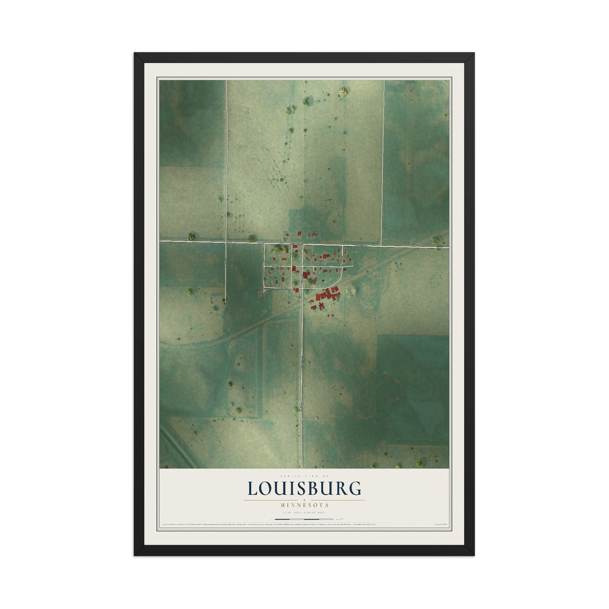 Map of Louisburg, Minnesota, 12 x 18 inch print in a black wood frame